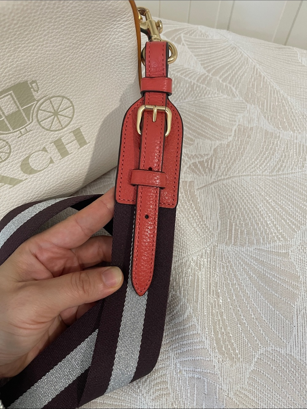 COACH Cream Leather Crossbody with Red Strap and Navy Trim - Picture 9 of 13